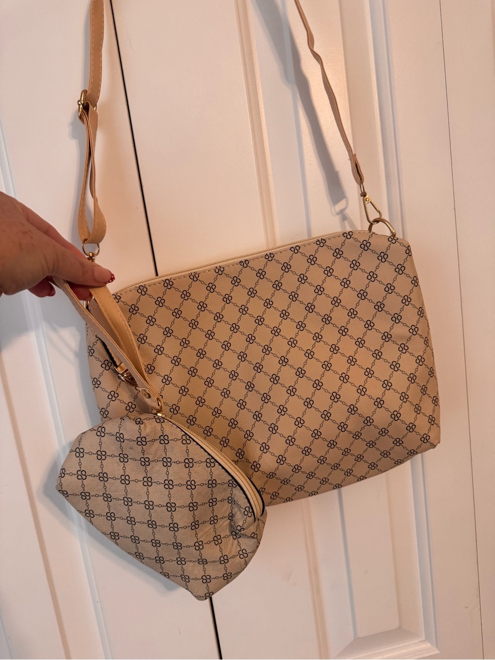 Beige Crossbody Bag Set with Monogram Pattern